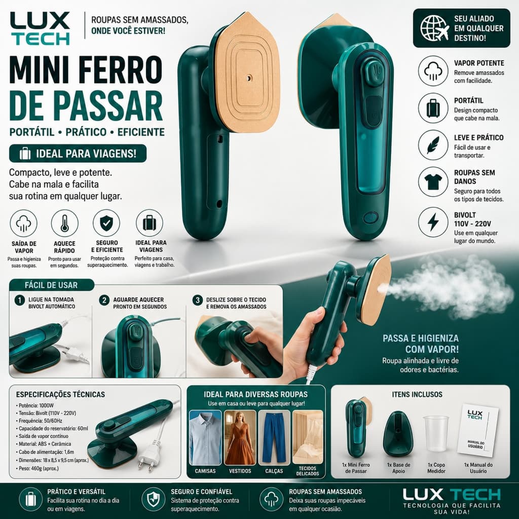 Mini Ferro De Passar Roupa Portatil Para Viagem Cabe Na Mala Bivolt