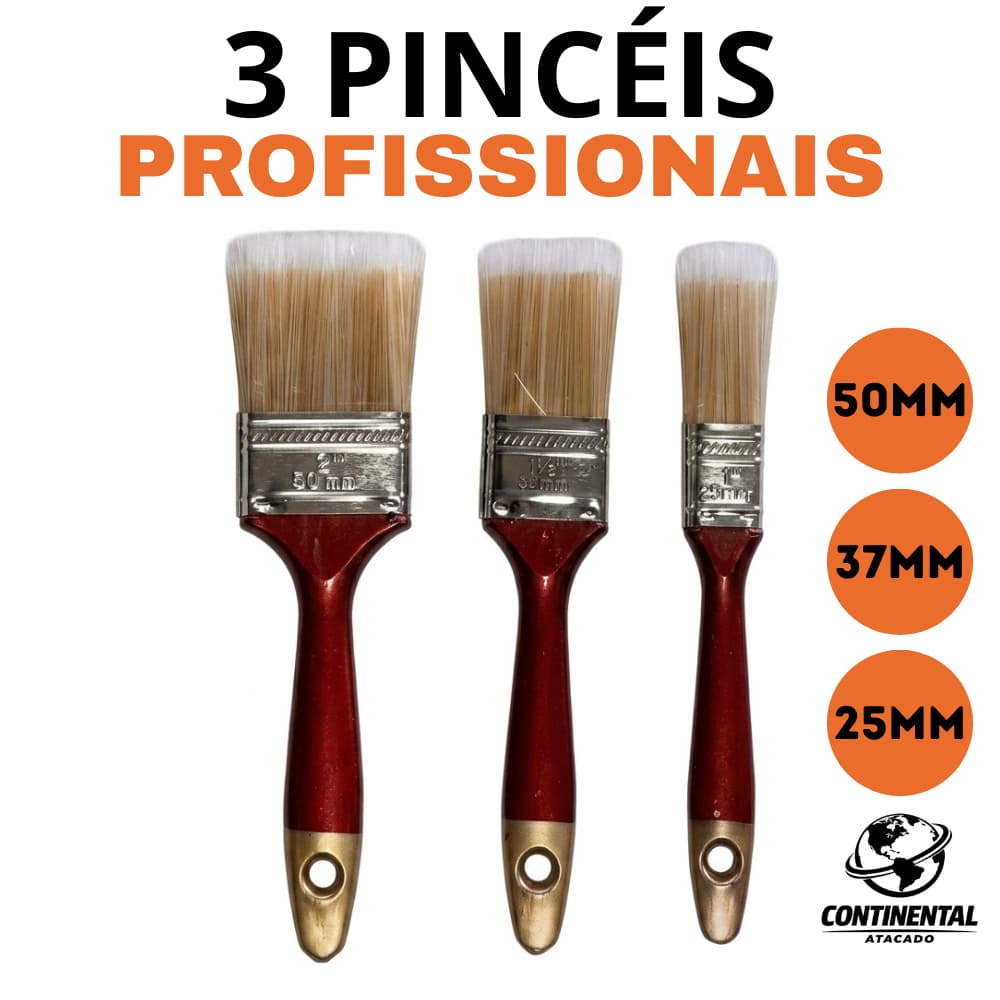 Jogo 3 Pincéis Trincha Cerdas Sintéticas Cabo Madeira Pintura Parede Reforçado Multiuso