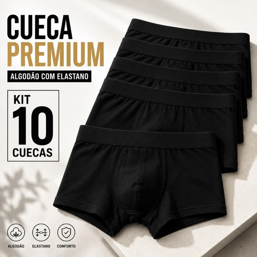 Kit 10, 5, 2, Cueca Boxer Premium Algodão com Elastano, Preto ou Branco não pinica, tecido macio