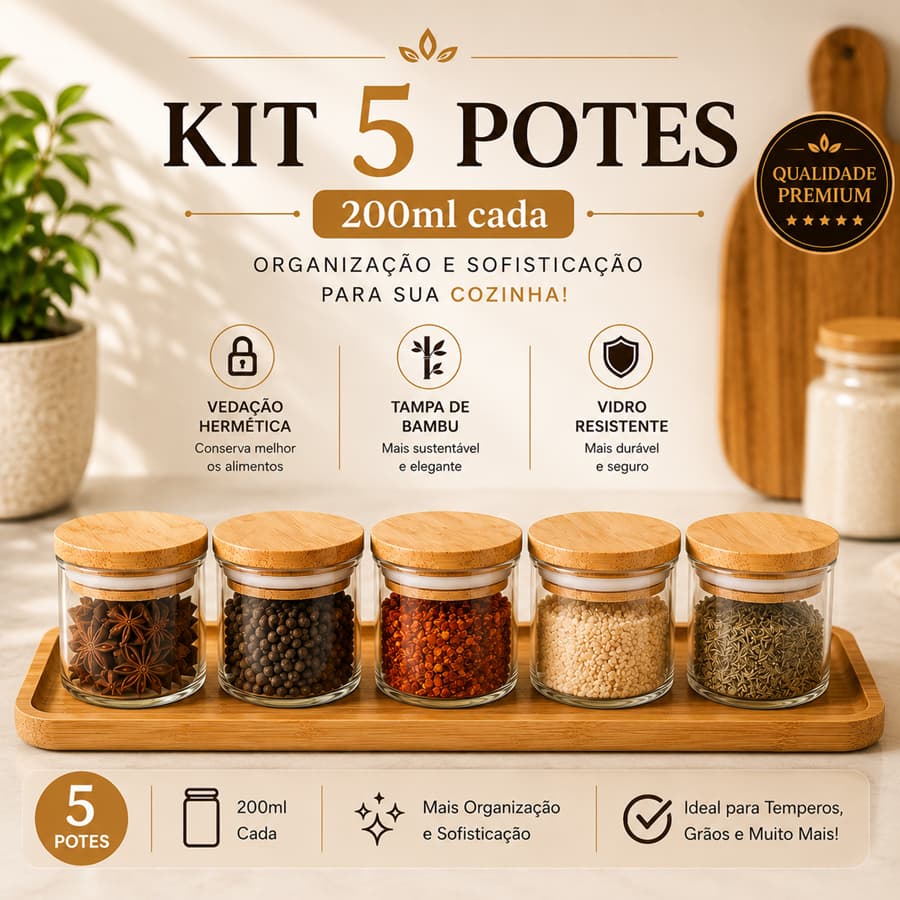 Kit 5 Potes Herméticos De Vidro 200ml Tampa De Bambu