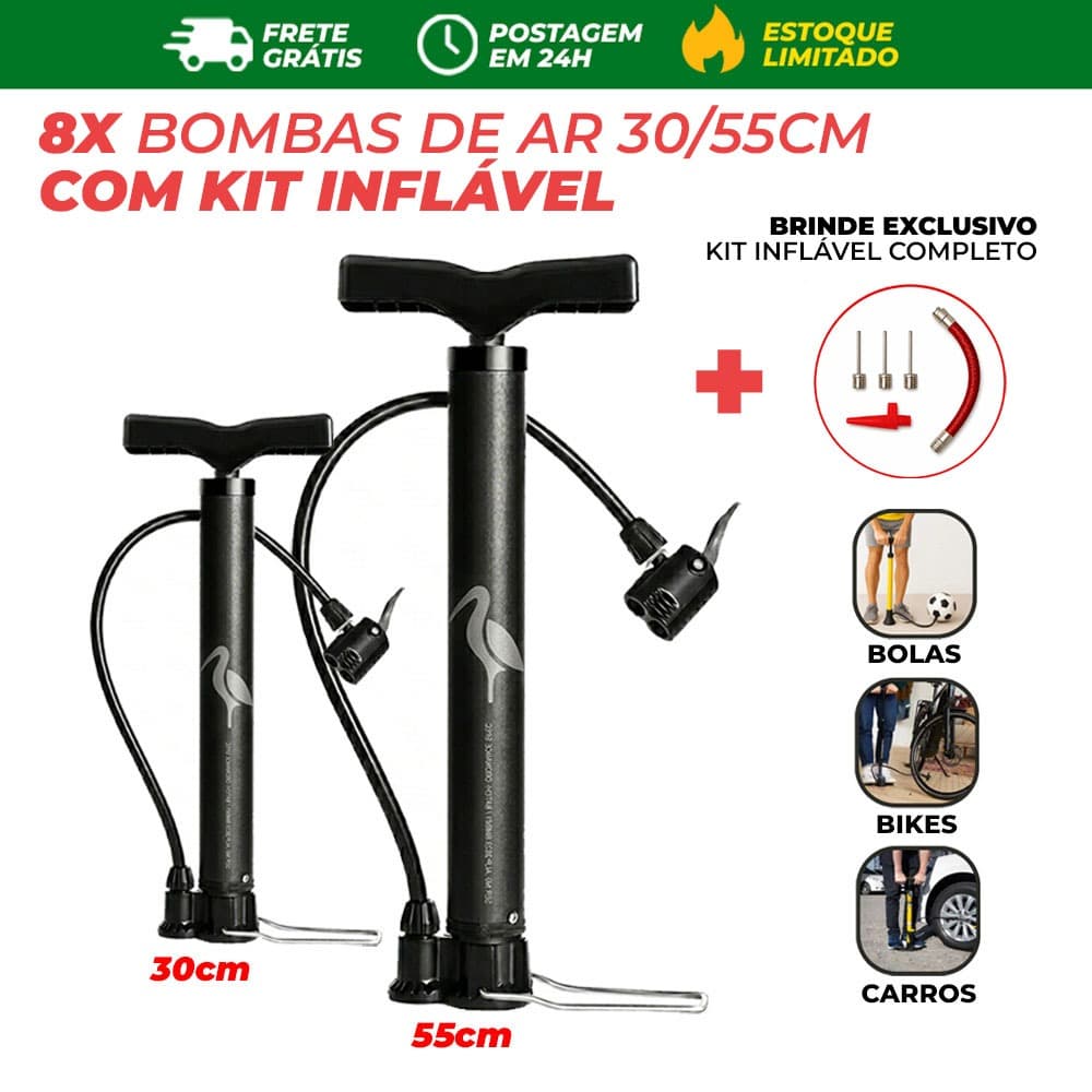 8x Bombas de Ar Manual FBG 30/55cm Bicos Adaptadores Universal Pneu Moto Bike