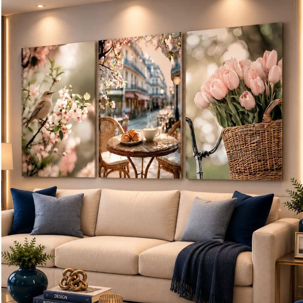 Kit 3 Quadros Decorativos Floral Passarinho Natureza Paz Café Europeu Sem Moldura Sala Quarto Cozinha MDF Premium