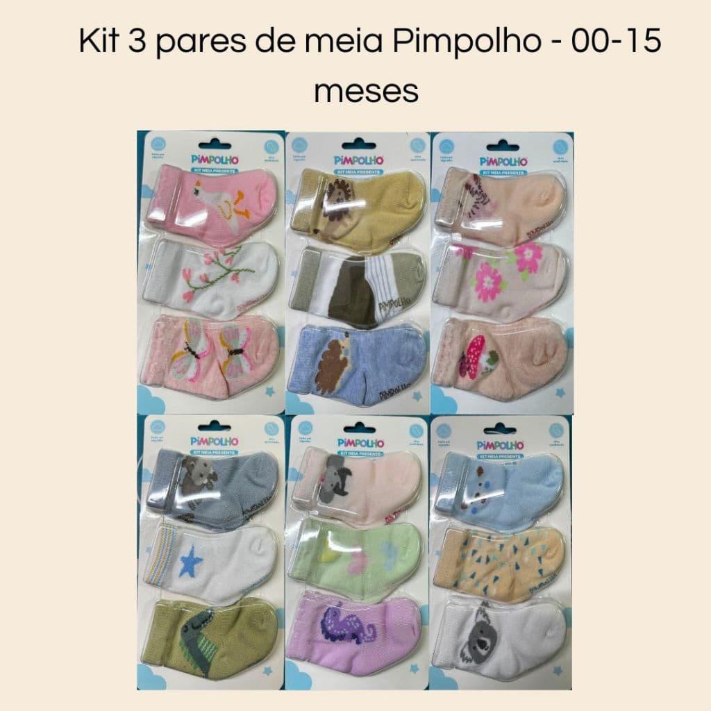 Kit 3 Pares Meia Infantil Pimpolho Colorida - 00 a 15  – Vem em caixinha personalizada Pimpolho, pronta para presentear