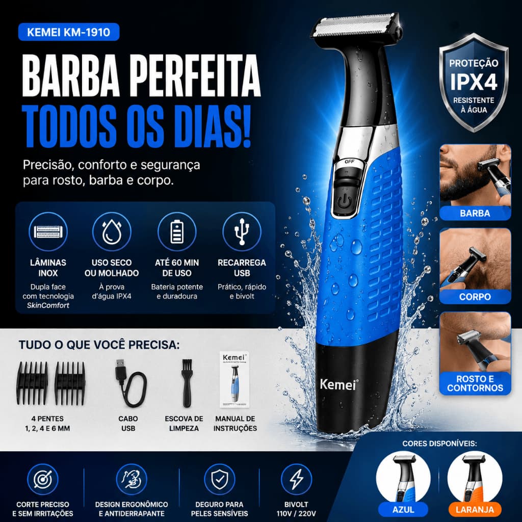 Máquina de Barbear Kemei KM-1910 Recarregável USB Aparador de Barba e Corpo IPX4 À Prova d'Água