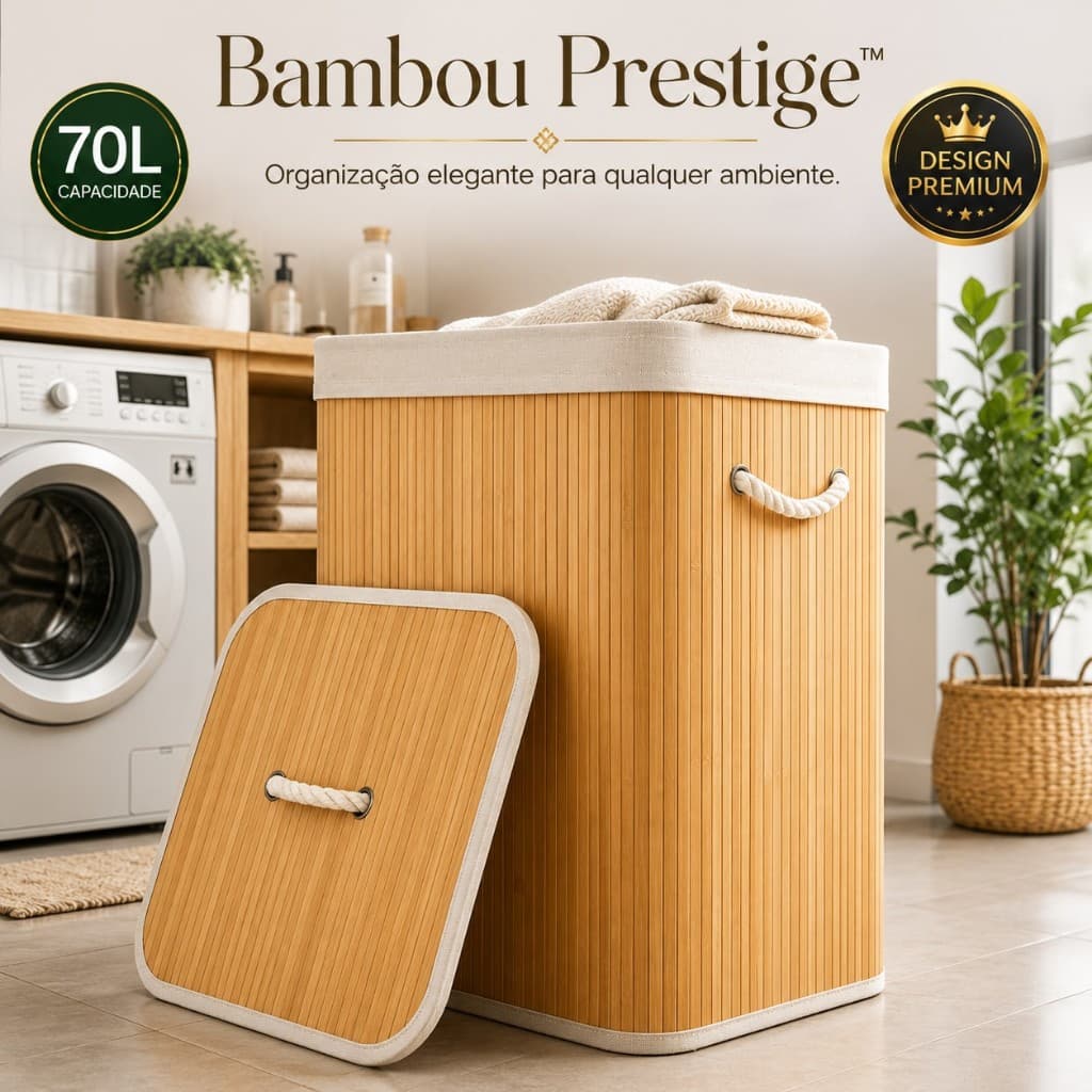 Cesto de Bambu para Roupas 70 Litros com Tampa Organizador Lavanderia Closet