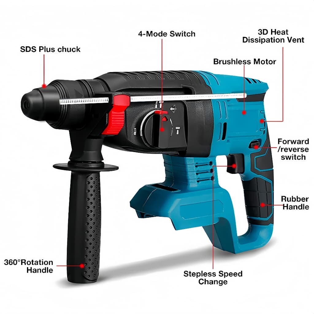 Furadeira de Impacto Sem Escova 48V Profissional com 3 Funções e 2 Baterias de Lítio para Obra Pesada