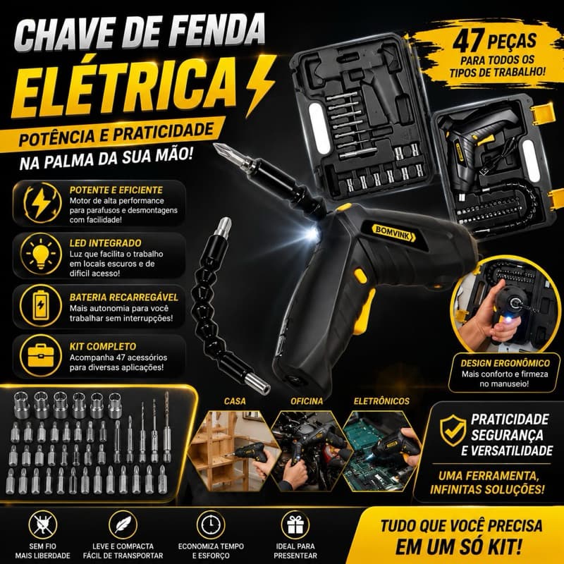 Chave de Fenda Elétrica Recarregável 3.6V com Kit Completo de 47 Peças – Praticidade e Precisão para manutenção no dia