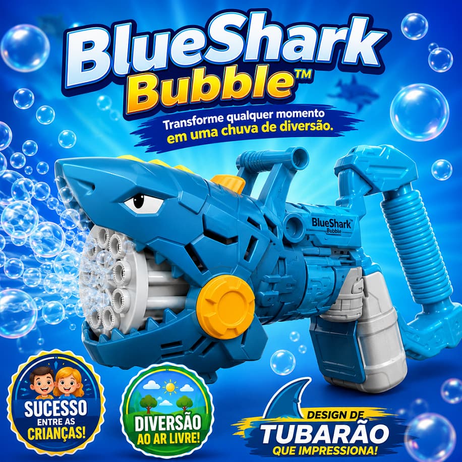 Pistola Lança Bolhas de Sabão Infantil Tubarão Automática BlueShark Bubble Brinquedo Festa +3 Anos