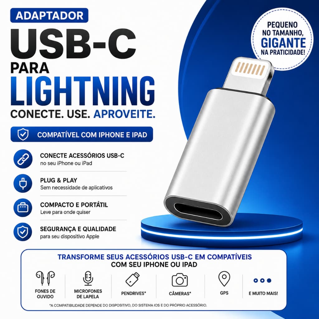 Adaptador USB C Para Lightning iPhone iPad Conversor USB C Fêmea Lightning Macho Compatível 11 12 13 14 ADP-7515