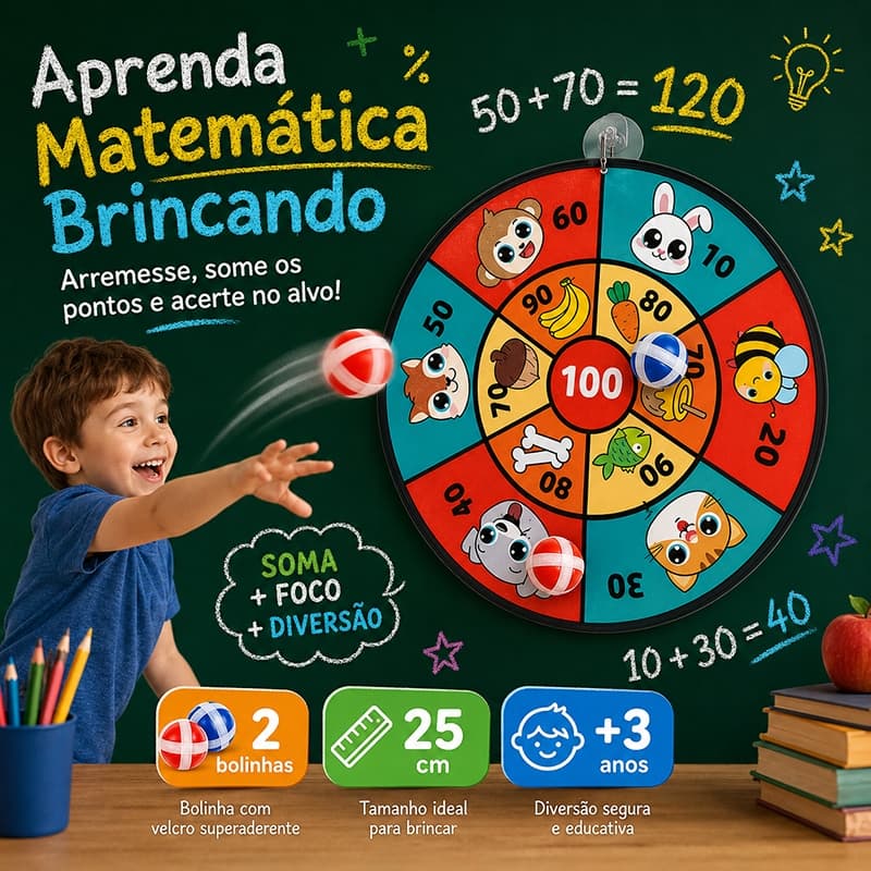 Jogo de Tiro ao Alvo Infantil com Velcro Educativo Matemática 25cm 2 Bolinhas