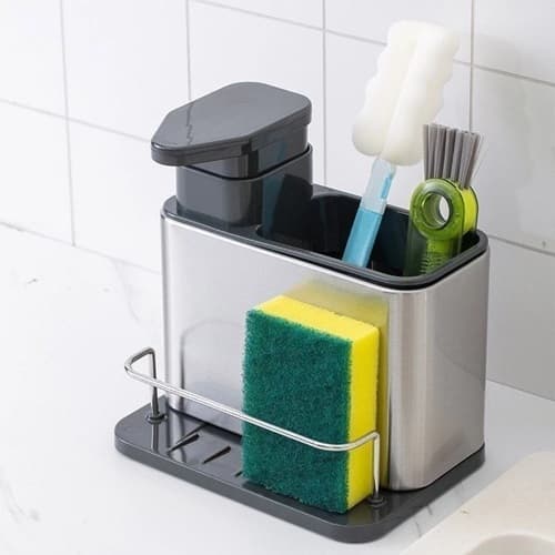 Porta Detergente Dispenser 3 Em 1 Suporte Esponja Bucha Sabão Liquido Detergente Inox Cozinha Pronta Entrega