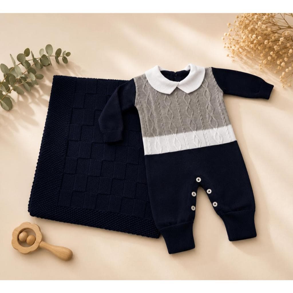 Saída de Maternidade Tricô Bebê Menino e Menina  com Manta | Macacão Gola Polo Tricot Luxo RN Enxoval p RN