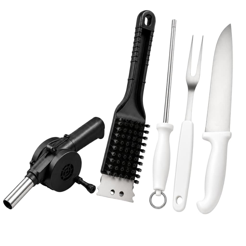 Kit Churrasco Completo 5 Peças Faca Garfo Chaira Escova Limpa Grelha Soprador Acendedor Manual
