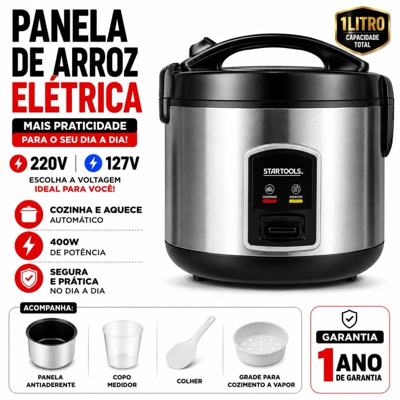 PANELA DE ARROZ ELÉTRICA 1L ou 1,3L 220V ou 127V Automática Antiaderente Resistente PRETA ou BRANCA