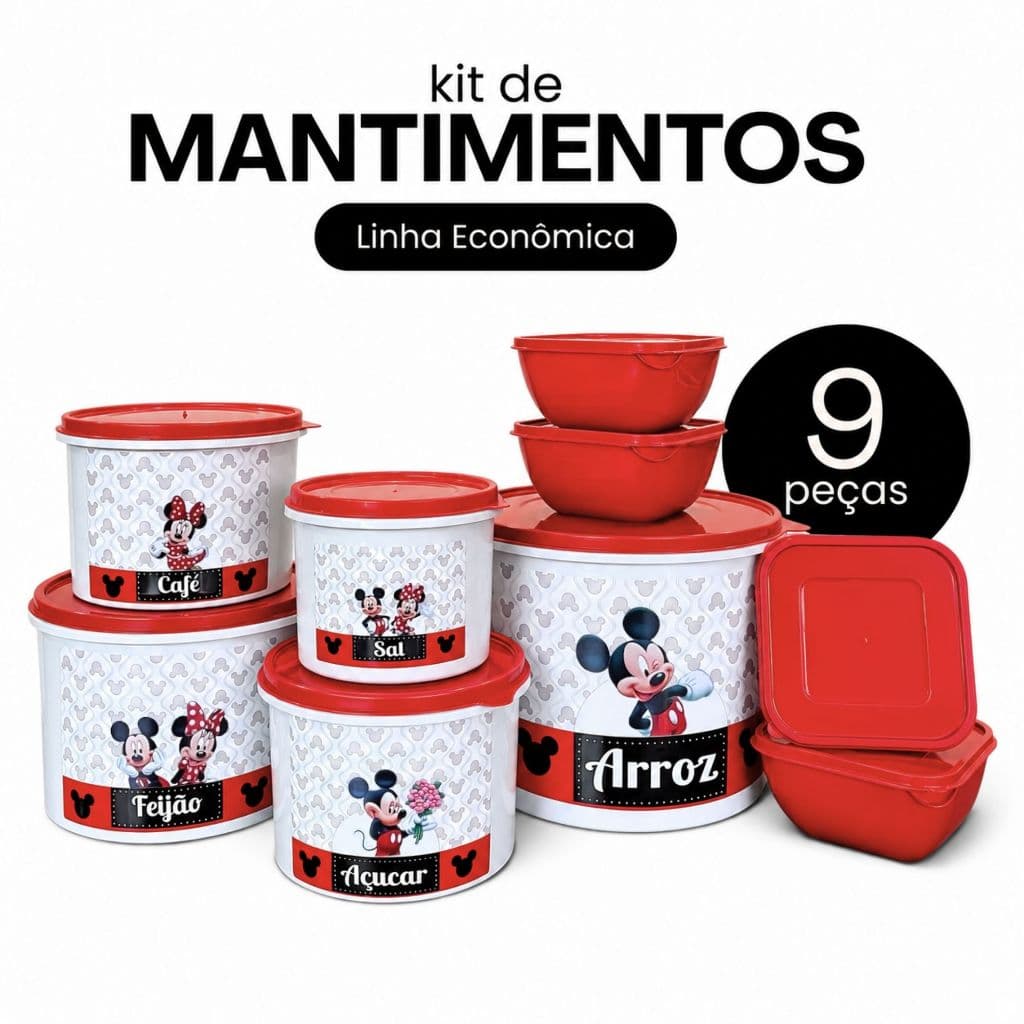 Kit de Potes de Mantimento Para Cozinha Linha ECONÔMICA 9 Peças Minnie e Mickey Despensa Organizada