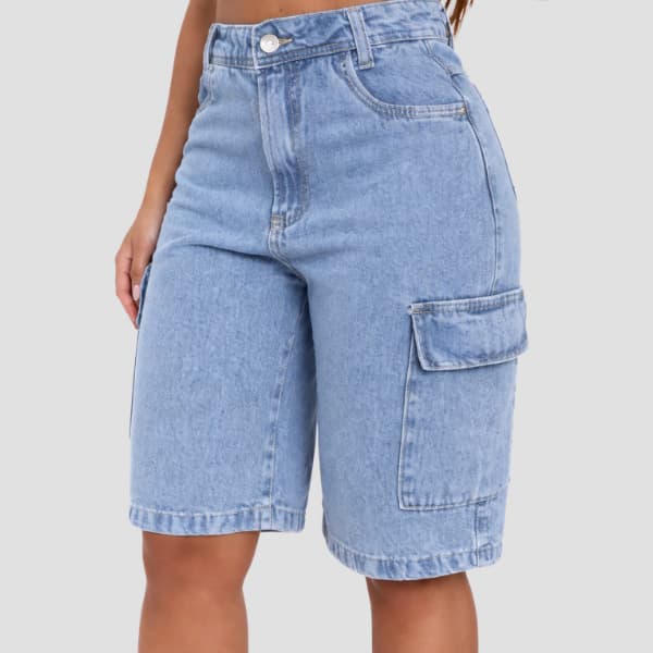 Bermuda Cargo bolso chapado/tradicional Jeans Feminino
