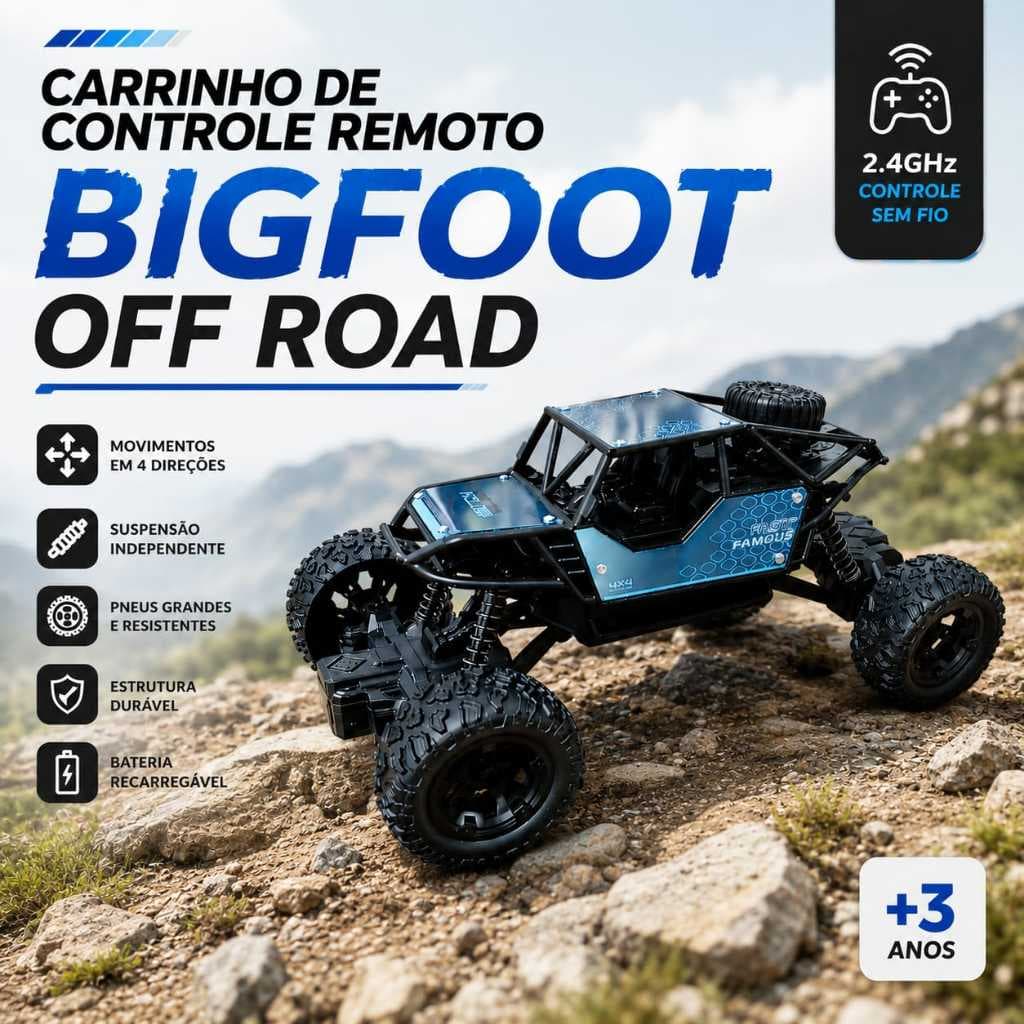 Carrinho de Controle Remoto Infantil BigFoot 4x4 Off Road, Bateria Recarregável, Controle Remoto 2.4GHz, Escala 1:18