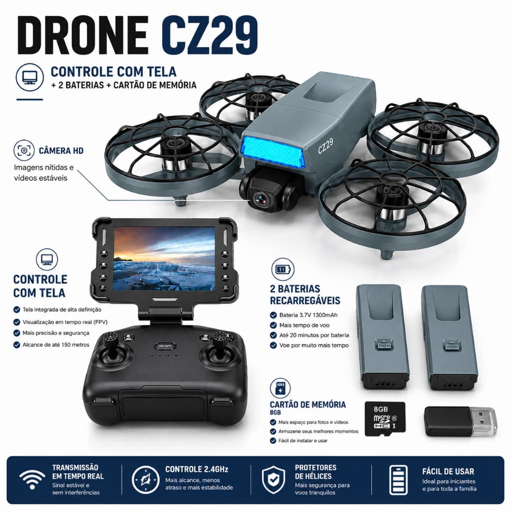 Drone CZ29 com Câmera HD Controle com Tela Integrada 2 Baterias Alcance 700m Fácil de Pilotar