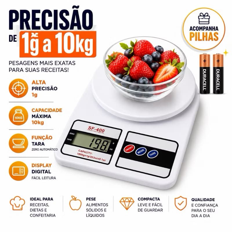 Balança Digital Cozinha 10Kg Precisão Balança de Alimentos Cozinha pilhas inclusas