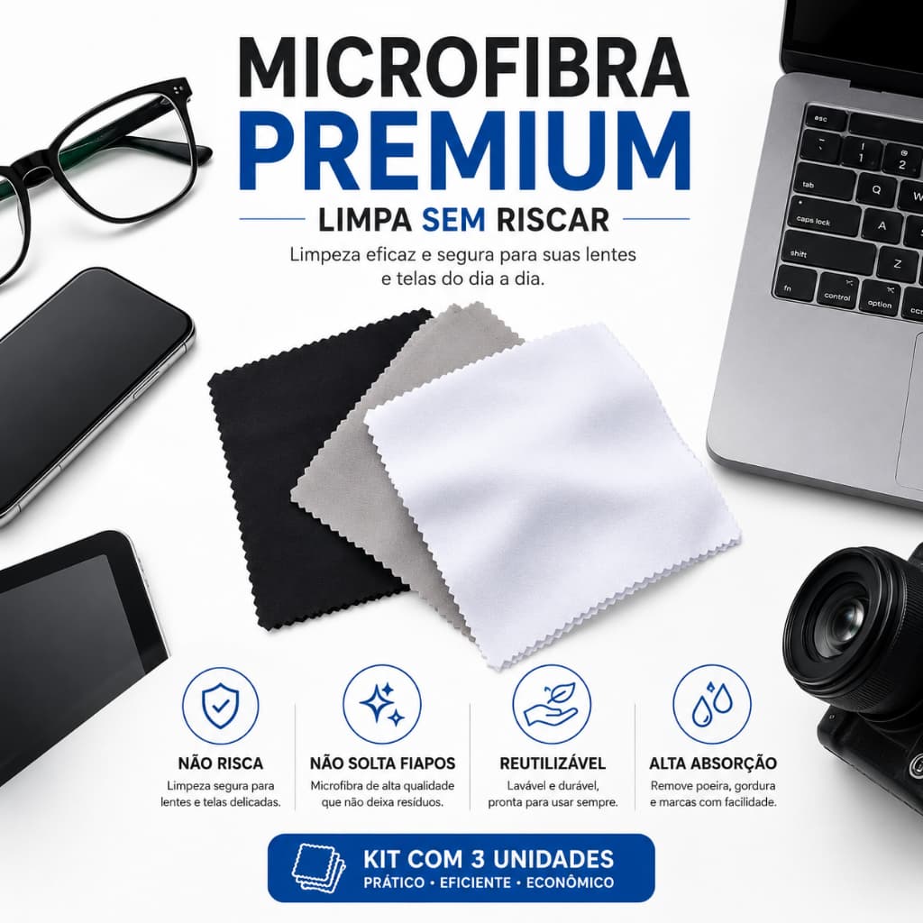 Kit 3 Flanelas Microfibra Premium Limpa Óculos Celular Notebook Sem Riscos
