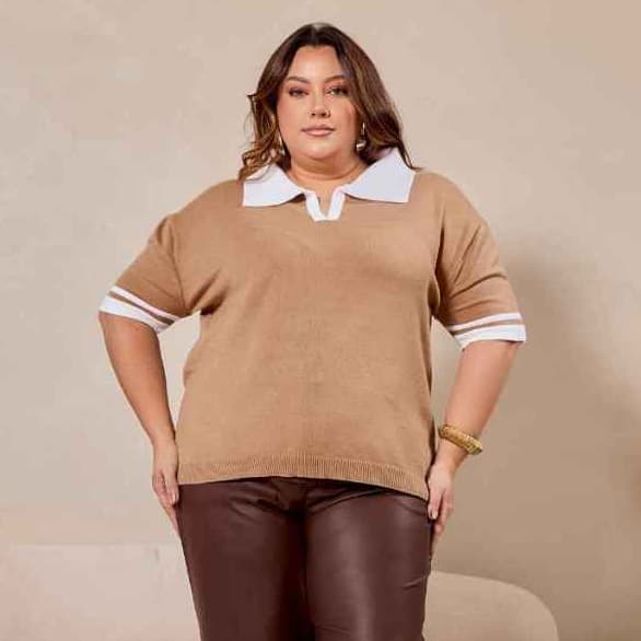 Blusa Polo Feminina Premium Plus Size Manga Curta Gola Contrastante