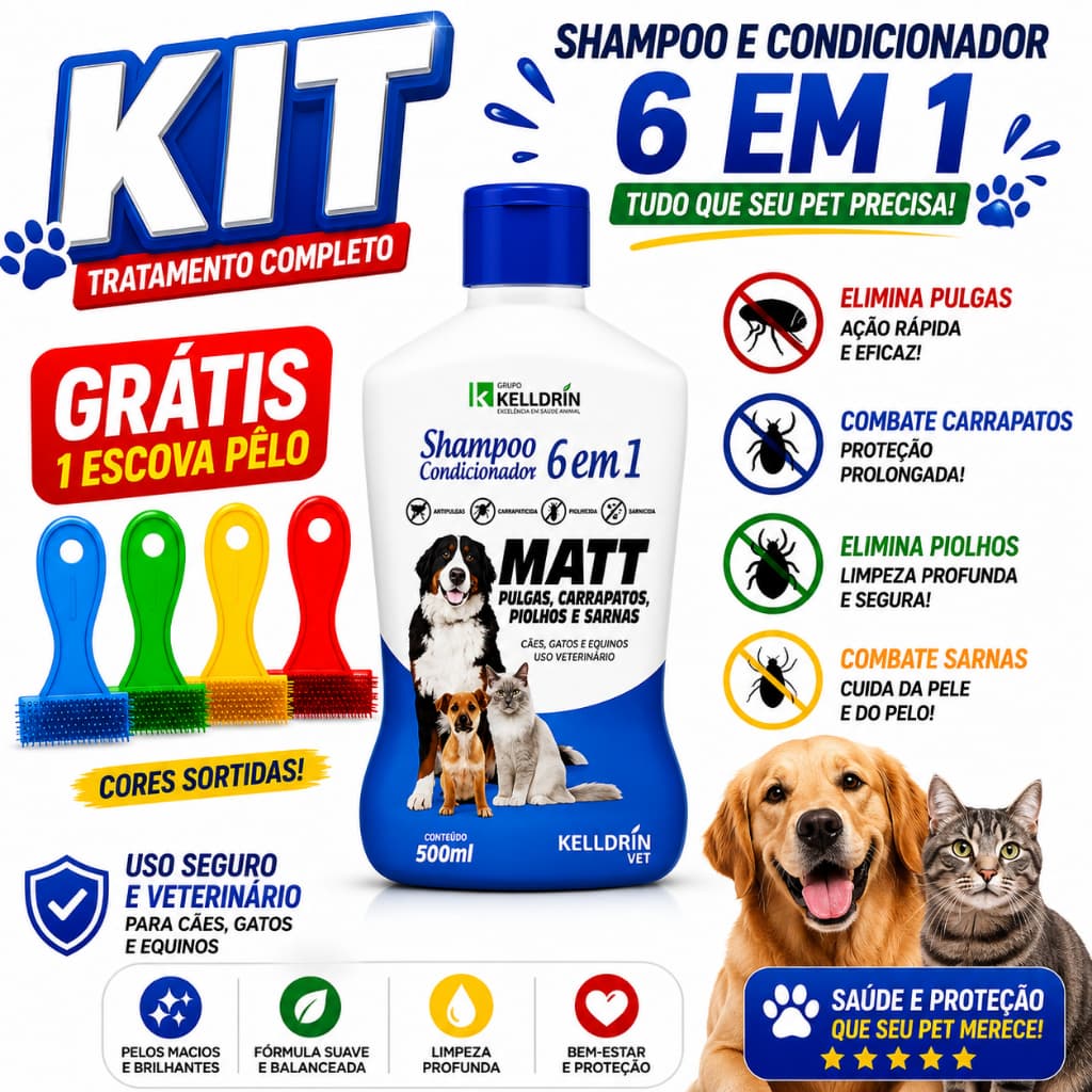 Shampoo e Condicionador 6 em 1 - Mata Pulga, Piolho, Carrapato e Sarna