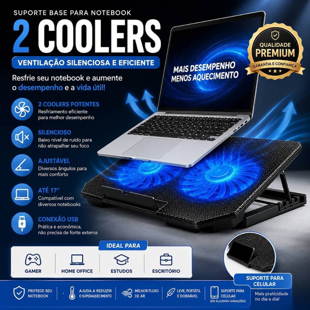 Base Suporte Refrigerada Notebook 2 Coolers USB Ajuste  Até 17" Ventilação Silenciosa Gamer Resfria