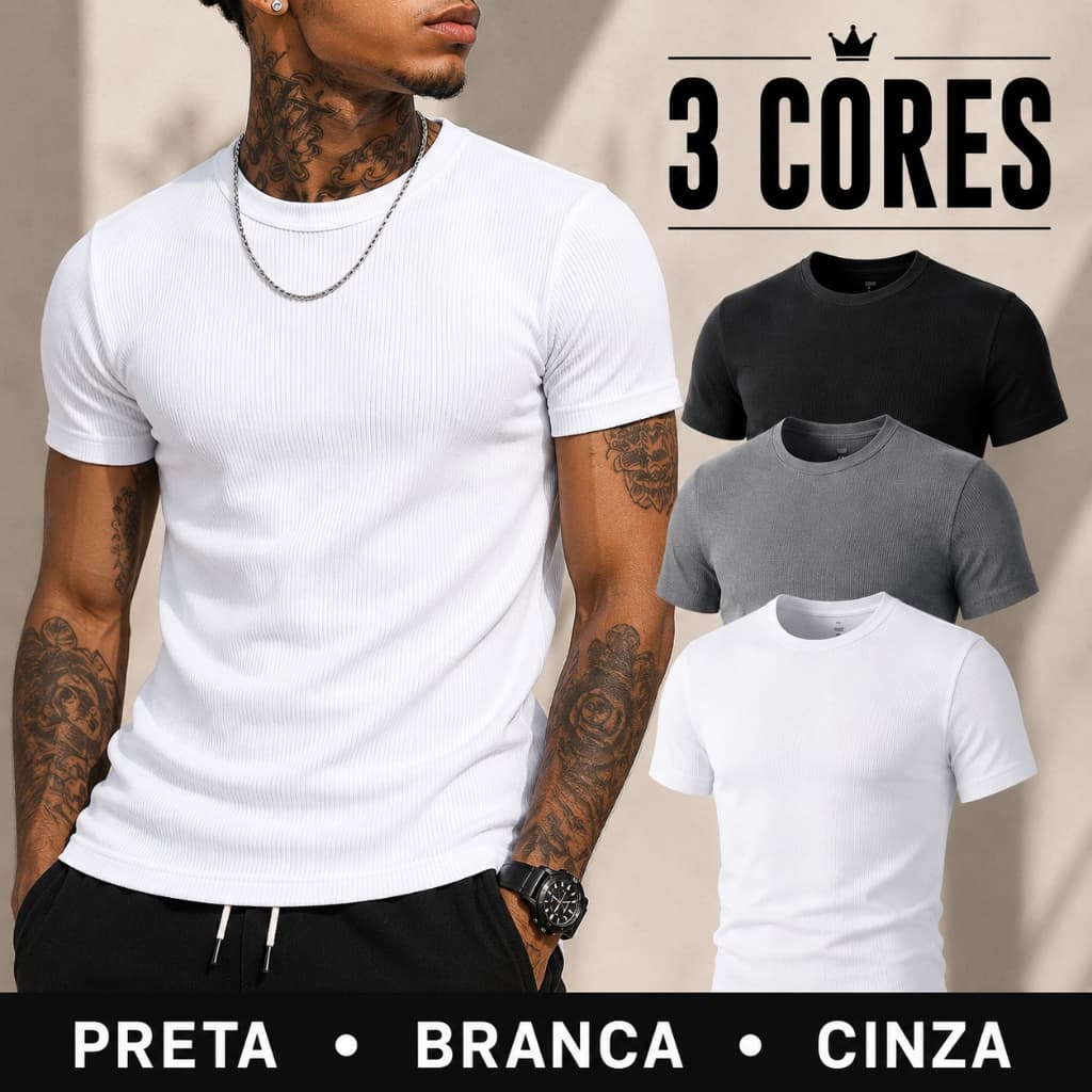 Camiseta Masculina Ribana Canelada Slim Fit Estilo Americano Premium Justa ao Corpo Verão Unidade Kit 2 Peças Kit 3 Peça