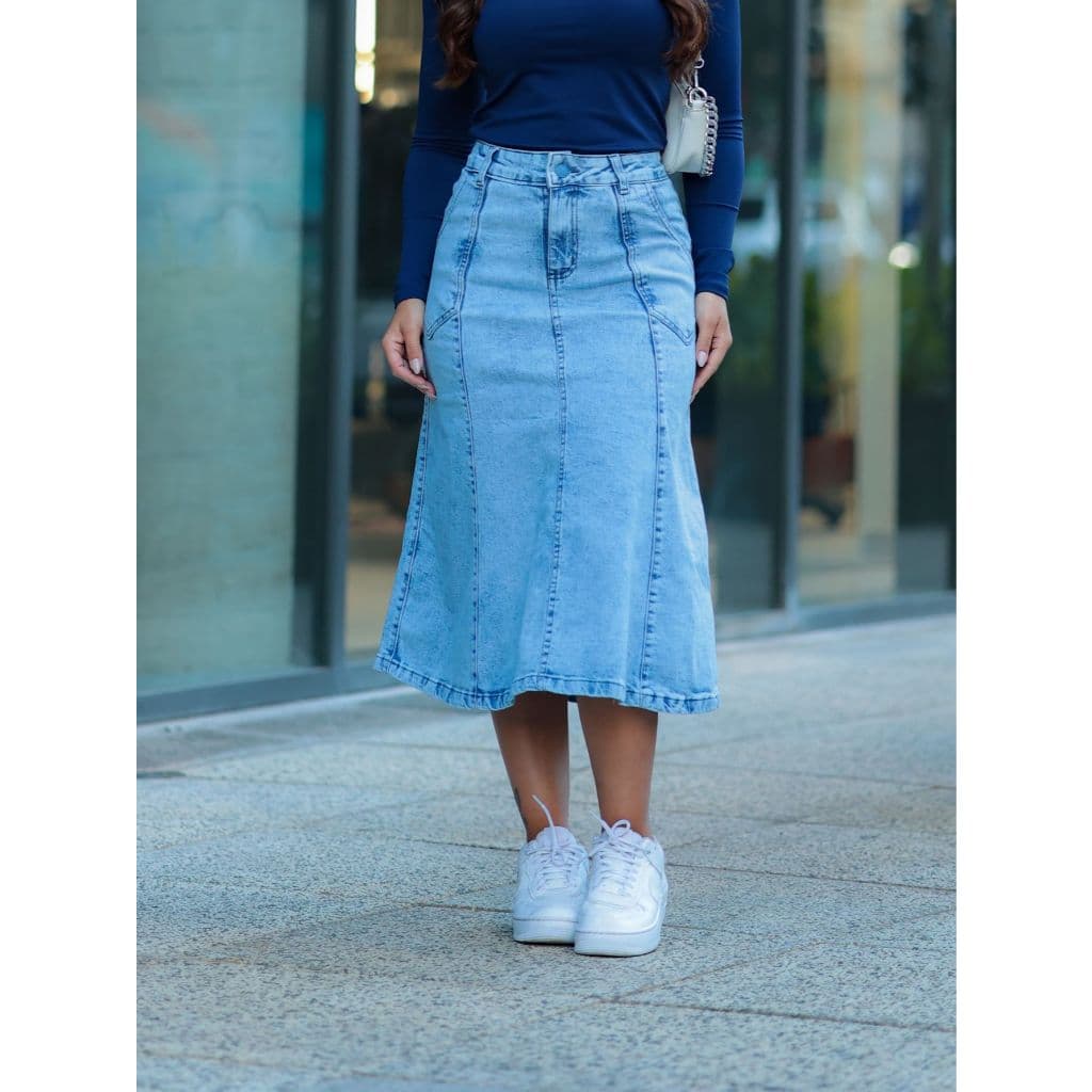 Saia Evasê Jeans Com Lycra Modéstia Igreja Modesta com Bolso