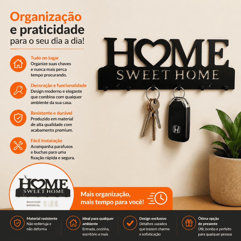 Porta Chaves Home Sweet Home Suporte para Chaves de Parede Organizador Cabideiro Decorativo com Ganchos