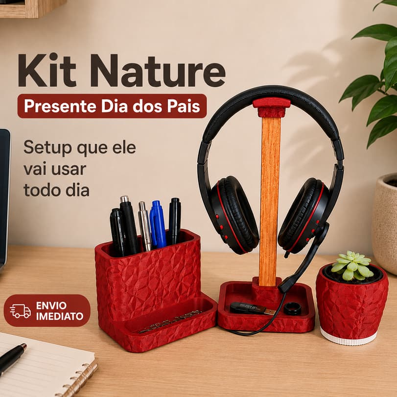 Kit Nature Organizador Mesa Home Office 3 peças Porta-canetas Cachepô Premium estilo Rústico Presente dia dos pais