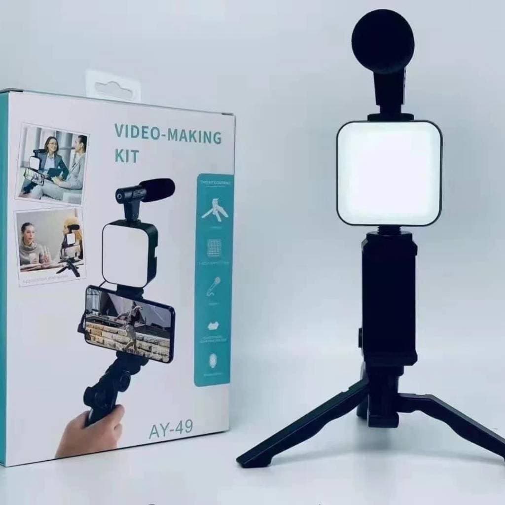 Kit Criador de Conteúdo AY-49 – Iluminador LED + Microfone + Tripé + Suporte para Celular
