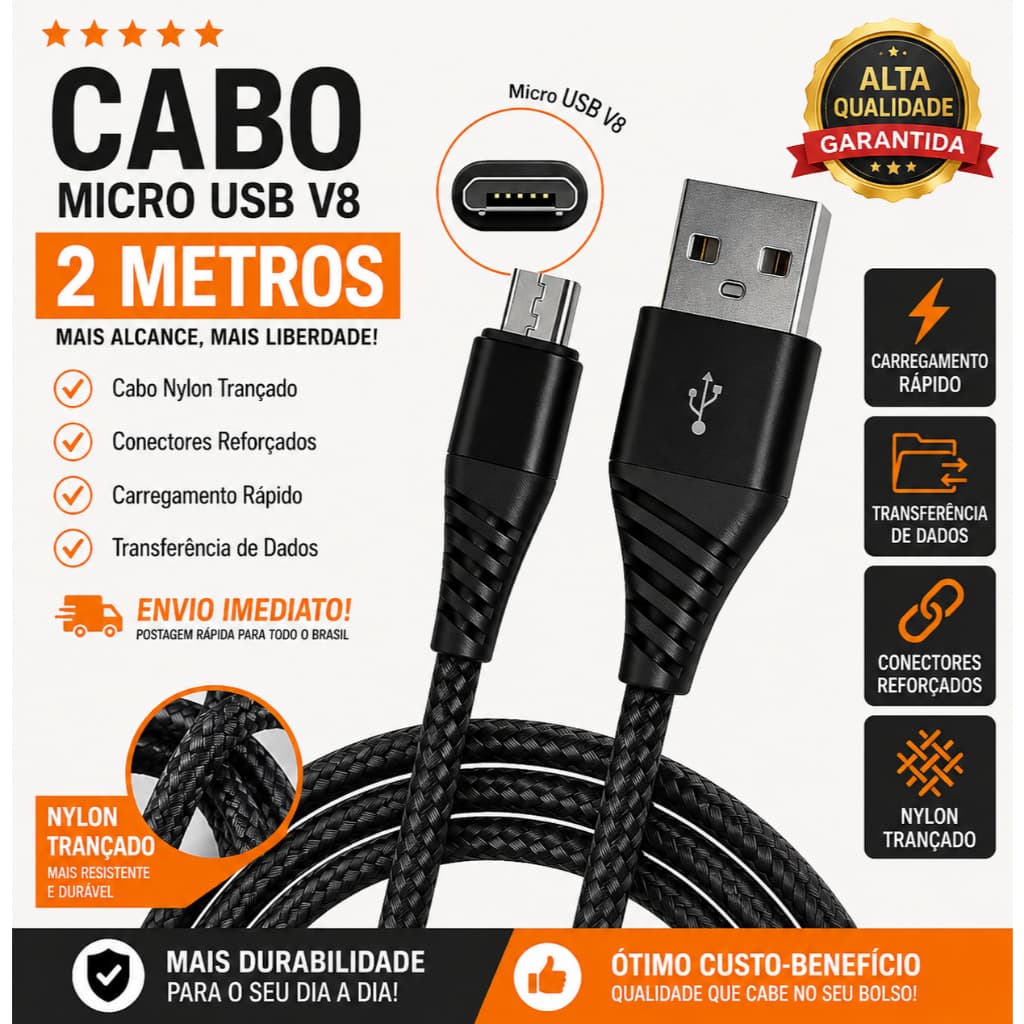 Cabo Carregador V8 2 Metros Carga Rápida Original Inova