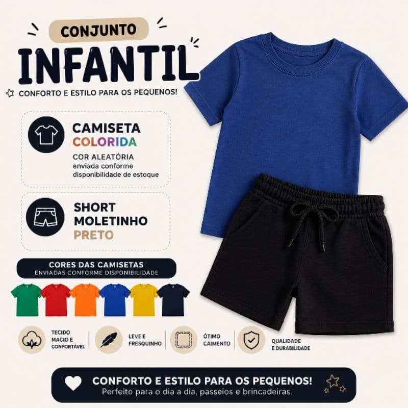 Conjunto Infantil Liso Camiseta Algodão e Short moletinho preto Conjunto Infantil menino Camisa e bermuda