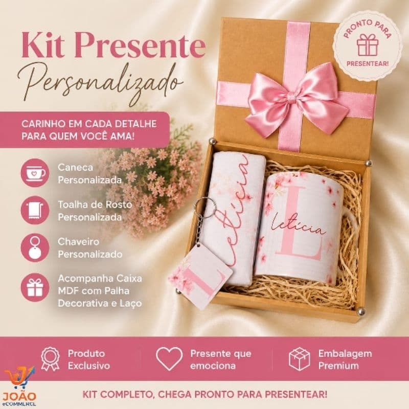 Kit Presente Caneca 325ml Personalizada Inicial e Nome Xícara+toalhinha+chaveiro+Caixa MDF+Fita e laço+Palha