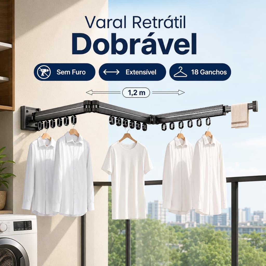 Secador de Roupa Retrátil Dobrável de Parede Liga de Alumínio Antiferrugem Dupla Instalação Sem Furos
