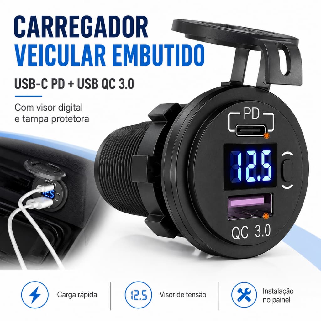 Carregador Veicular Embutido USB-C PD + USB-A QC 3.0 com Voltímetro - Visor Azul ou Vermelho