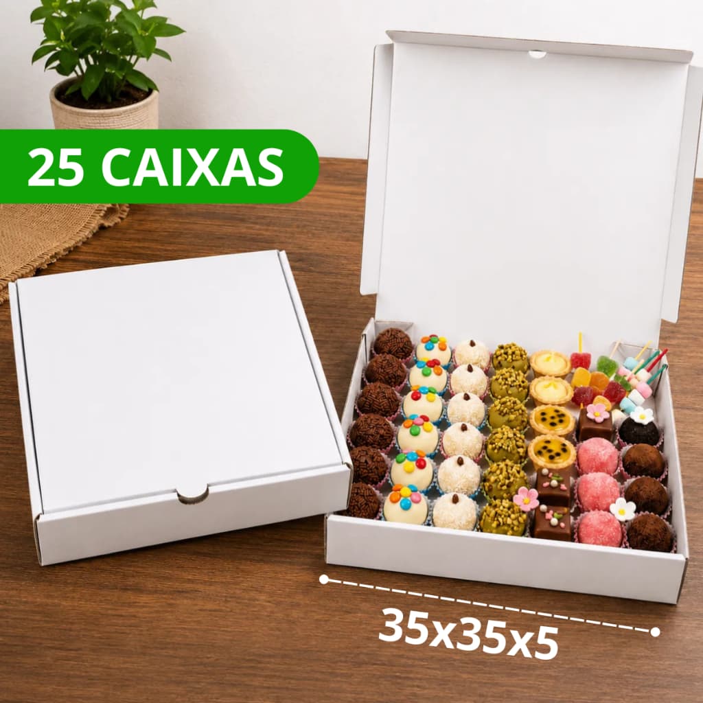 25 Caixas De Papelão 35x35x5 Branco Para Doces Salgados  Pizza Envios