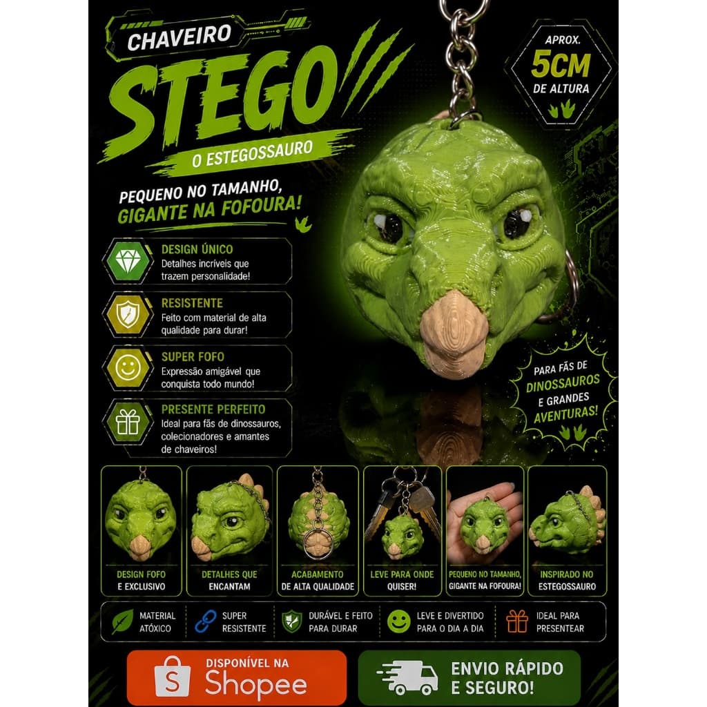 🦕 Chaveiro Stego | Estegossauro | Impressão 3D em PLA | Fofo, Leve e Cheio de Personalidade