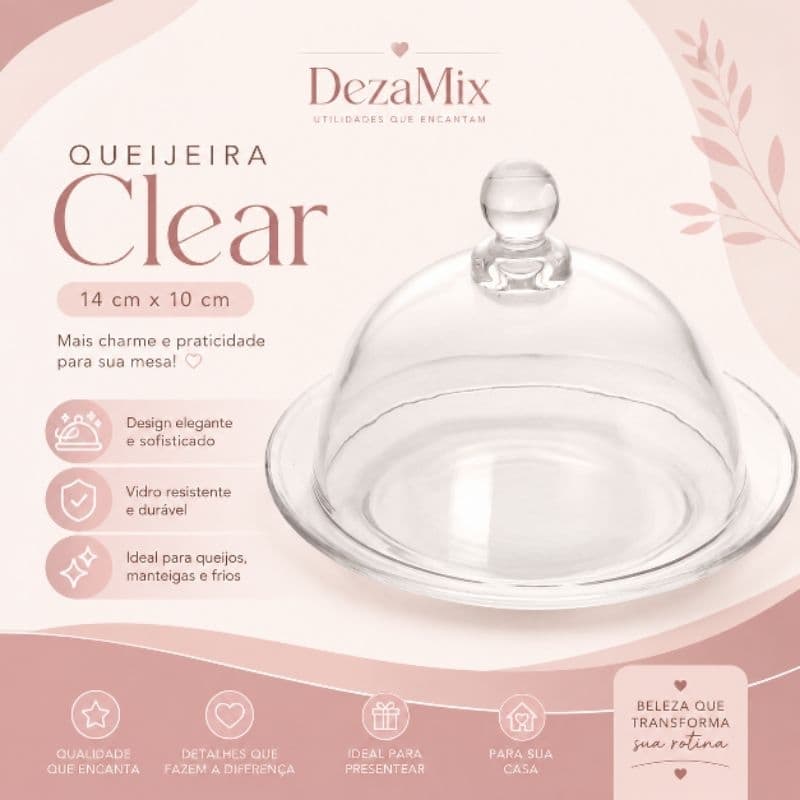 Queijeira Clear de Vidro com Tampa – 14 cm x 10 cm