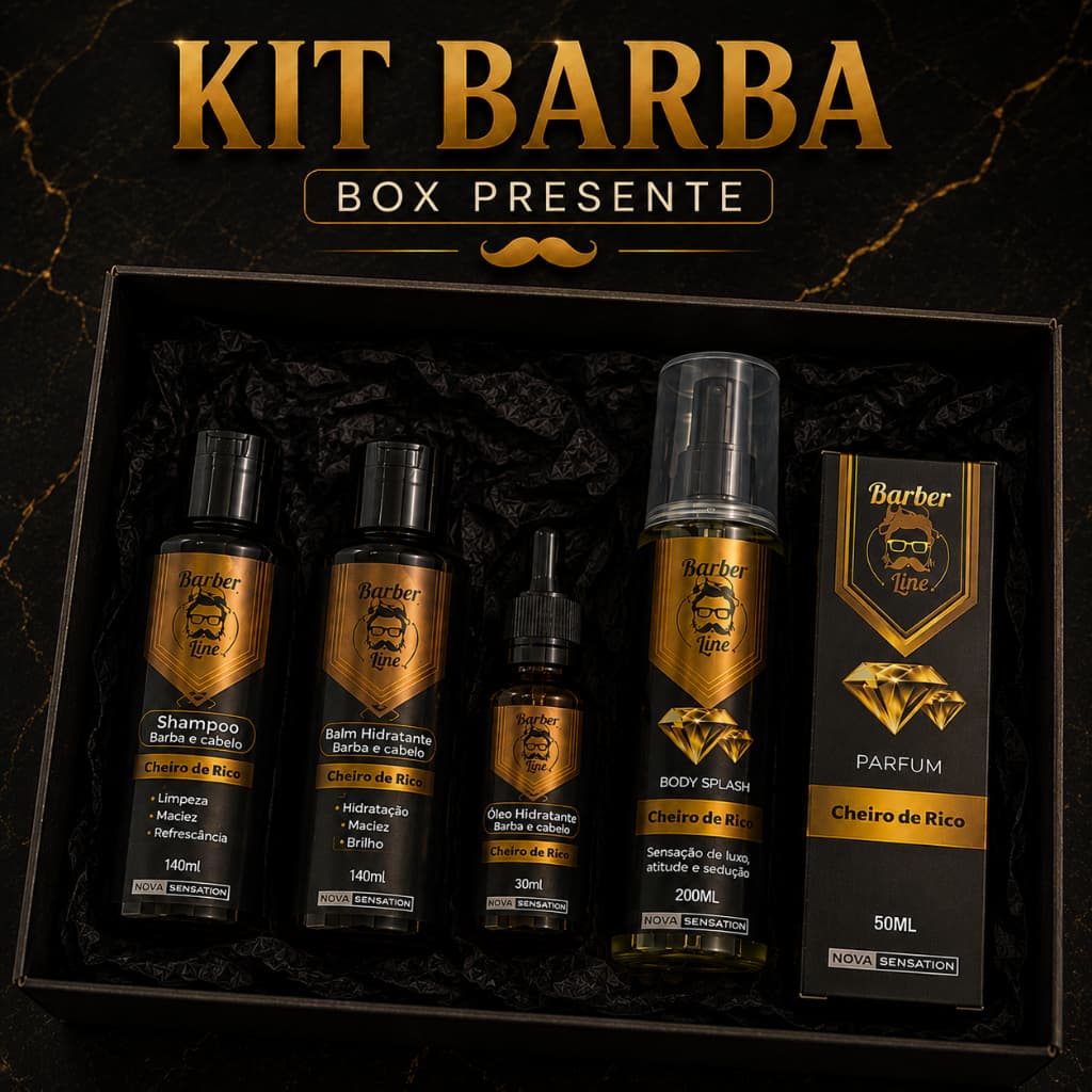 Kit Barba Cheiro De Rico Completo Body Splash, Perfume, Balm, Óleo, Shampoo e Caixa presente