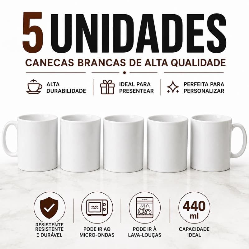 Kit 05 Canecas Grande de Polímero 440ml Branca para Sublimação Alta Qualidade