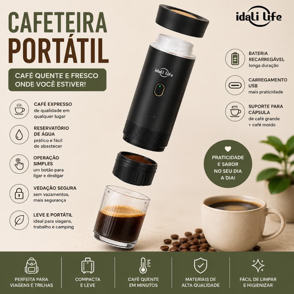 Cafeteira Portátil 3 em 1 Expresso Elétrica Recarregável para Cápsulas e Café Moído Compacta e Prática