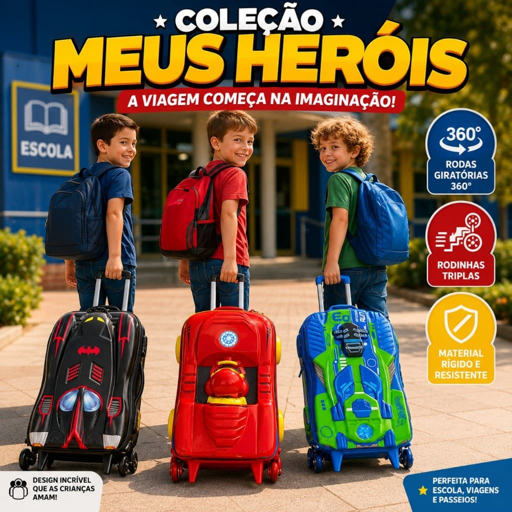 Mala Mochila Infantil Escolar Hot Weels Menino Rodinhas Super Herios Homem de Ferro Batman