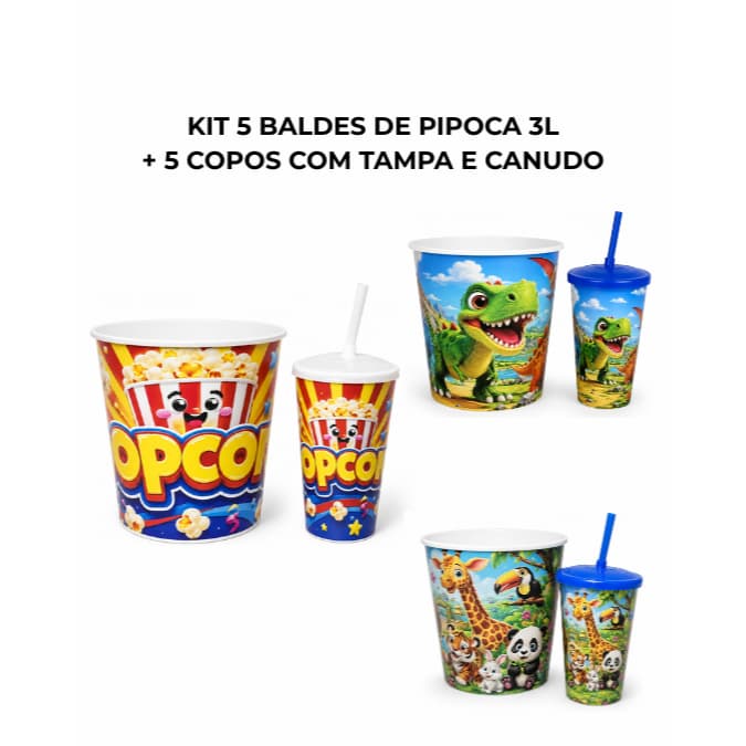 Kit 5 Baldes de Pipoca 3L + 5 Copos 550ml Com Tampa e Canudo Animais Dinossauros ou PopCorn Envio Imediato