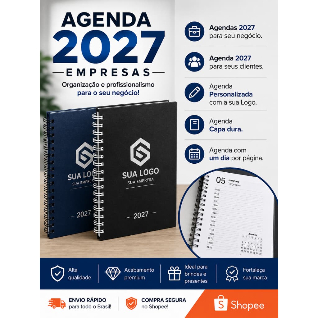 Agenda Personalizada 2027 para Empresas | Capa Dura com Logo