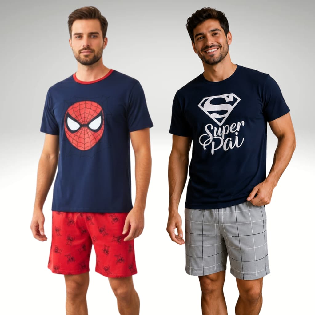Kit 2 Pijamas Adulto Masculino Meia Manga / Super Heróis / Roupa de Dormir / Pijama Masculino Tamanhos P M G GG Oferta
