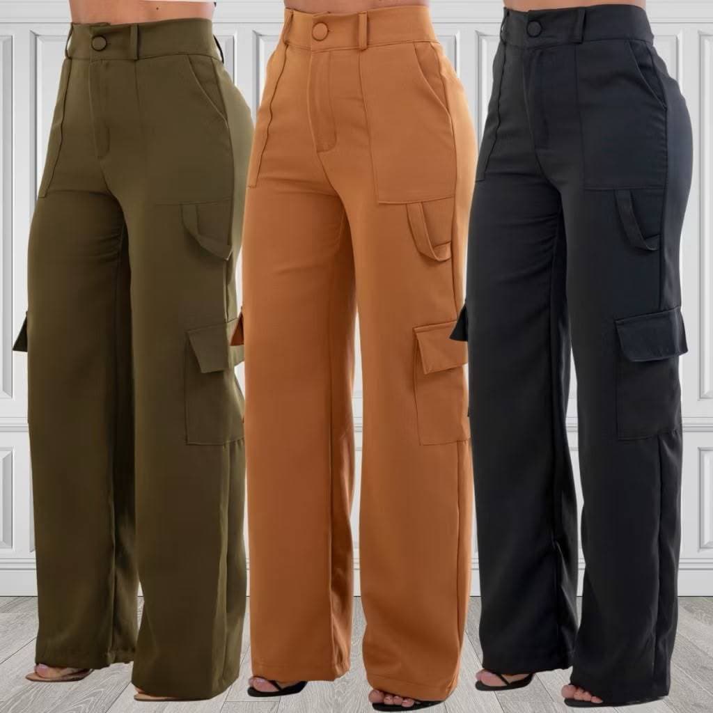 Calça Wide Leg Cargo Feminina com Bolsos na laterais  e Frente