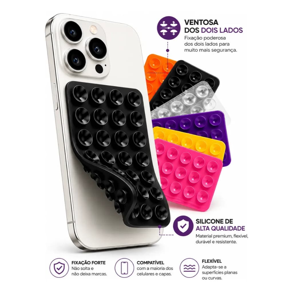 Kit 2 Suporte de Silicone Ventosas para Celular Fixação em Espelhos e Superfícies Lisas