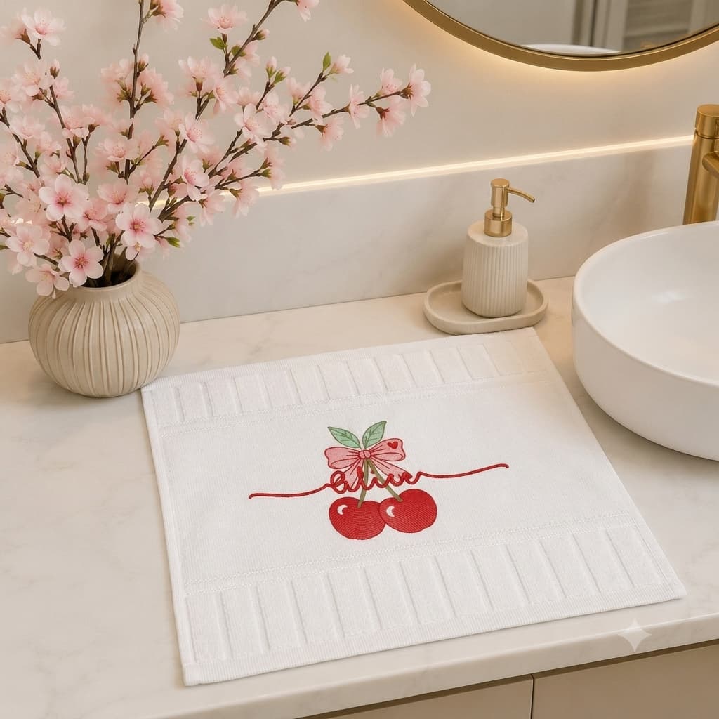 Toalha de Mão Dohler aveludada Bordada Personalizada Duo de Cerejas Laço Lanche